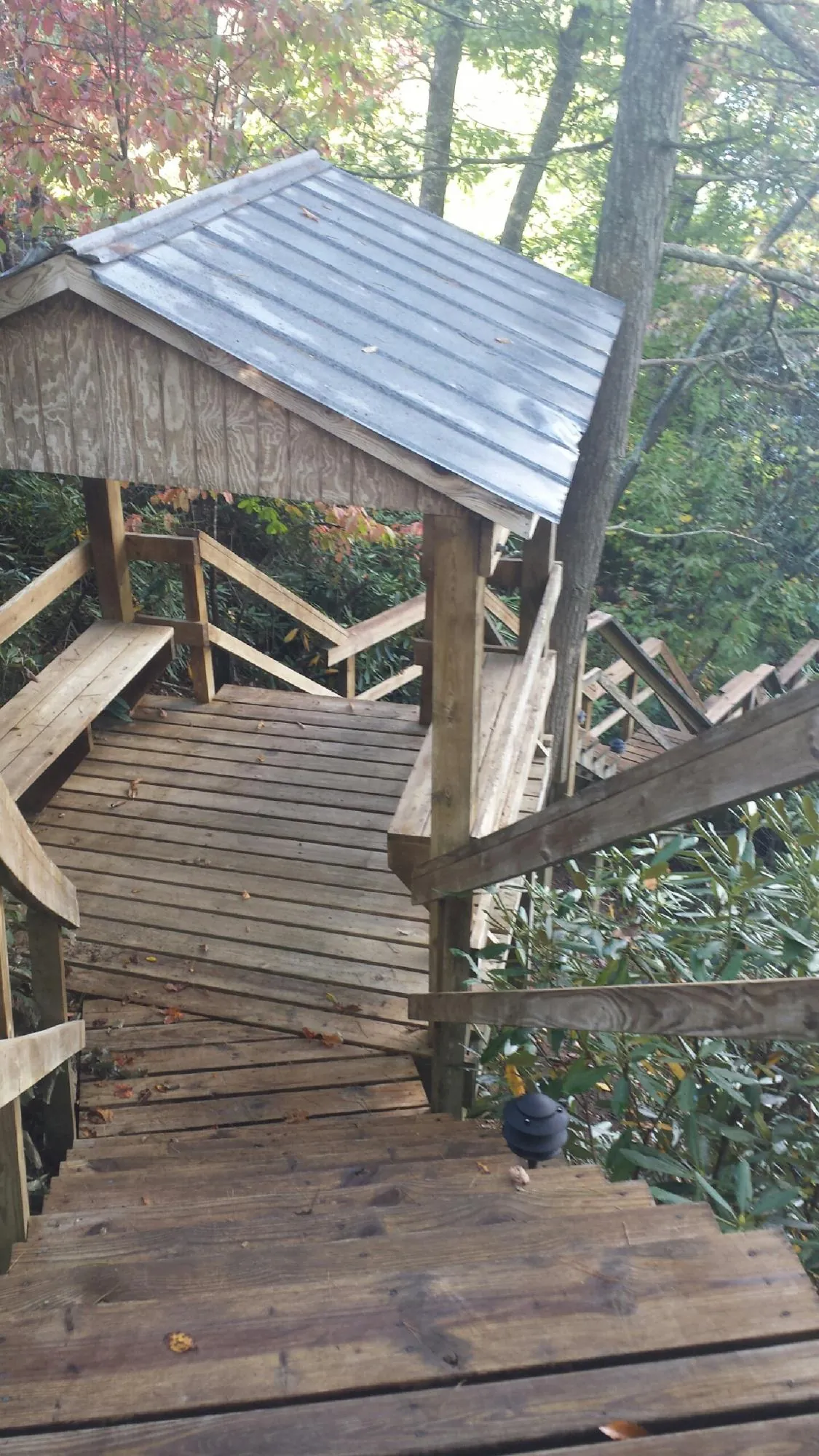 Metal roofed shelter over wooden steps on a wooded walkway — Skylight Repair & Installation work by our crew in Benton